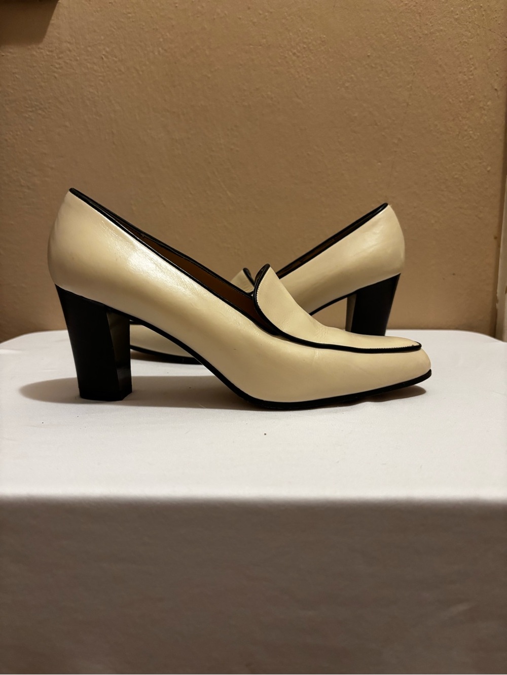 Classic Cream High Heel Loafer Pumps with Brown Trim